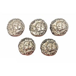 Set of five Edwardian silver buttons with embossed cherubs heads Birmingham 1902 Maker Levi & Salaman