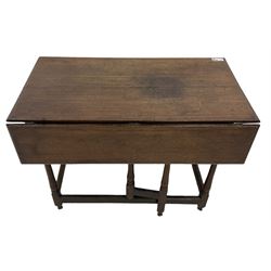18th century oak drop-leaf side table, rectangular top with moulded edge, fitted with two frieze drawers, raised on turned supports with single gate-leg action to the rear, united by box stretcher