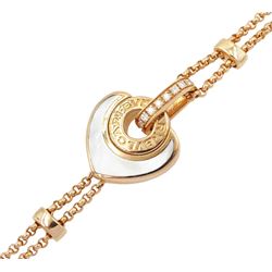 Bulgari Cuore 18ct rose gold mother of pearl heart and diamond bracelet, hallmarked, boxed