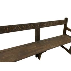 Mid-20th century oak garden bench, the cresting rail inscribed 