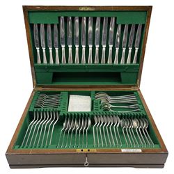 Regent plated canteen of Sheraton cutlery for eight covers by Garrards in mahogany box together with additional matching cutlery approx 95 pieces and eleven bone handled fish knives and forks