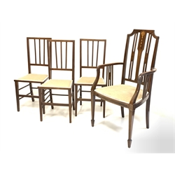 Matched set four (3+1) Edwardian inlaid mahogany chairs, with upholstered seats, raised on square tapered supports 