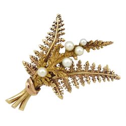 9ct gold pearl fern leaf brooch, hallmarked