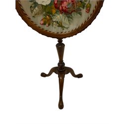 Victorian mahogany pole screen, pinecone finial over the circular embroidered screen, the turned support terminating in tripod base with cabriole supports 
