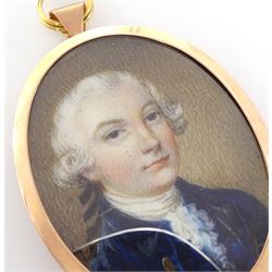 English School (Circa 1790)
Portrait miniature upon ivory
Head and shoulder portrait of gentleman in curled grey wig, blue coat and white cravat 
within period gold frame with silk lining verso
Oval 4.5cm x 3.25cm