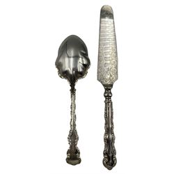 Set of six silver coffee spoons with apostle finials Sheffield 1925 Maker Cooper Bros., early Victorian silver long handled caddy spoon and pair of plated servers, all cased