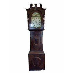  19th century mahogany longcase clock, white painted dial with Roman numeral chapter ring, subsidiary seconds ring and decorated with hunting scene, signed 'Dickinson, Skipton,' 30 hour movement, no pendulum or suspension A/F, H230cm  