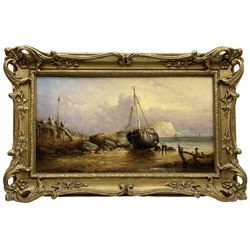Circle of Edwin Hayes (British 1819-1904): Fisherman with Beached Ship and White Cliffs, oil on canvas unsigned 28cm x 51cm