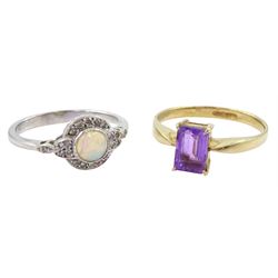 Art Deco style white gold opal and diamond cluster ring, stamped 9ct, total diamond weight approx 0.10 carat, and a 9ct gold amethyst ring, hallmarked