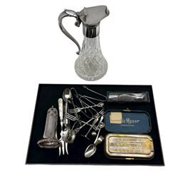 Glass claret jug with plated mounts, assorted plated cutlery, pewter stirrup cup etc