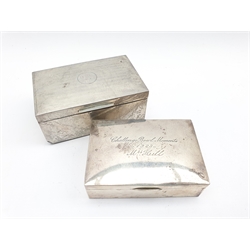 Engine turned silver cigarette box with initials and dated 1949 W14cm London 1922 and another with presentation inscription W13cm Birmingham 1921