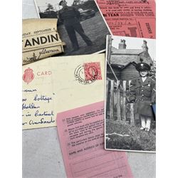 Air Raid Warden gas rattle, warden appointment card 1940, ration book, letters and photographs etc