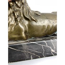 Pair of Victorian bronze figures of recumbent lions on marble plinths, indistinct lozenge mark verso, L29cm x H17cm overall