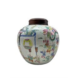 19th century Chinese Canton Famille rose vase and cover of compressed circular form, painted in bright enamels with figures on a terrace and a procession of entertainers to the reverse, on carved wood stand with pierced cover, H21cm (excluding stand and cover)
