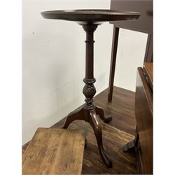 Victorian pine dining table (107cm x 91cm, H76cm), Georgian design wine table, Georgian design dished stool on fluted supports, small oak drop leaf occasional table and 19th century mahogany drop leaf work table, one leaf hinging downwards to reveal storage compartment (5)