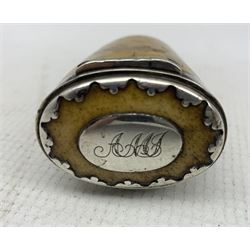 19th century silver-mounted horn snuff mill, applied with shield shaped cartouche, the hinged cover inset with an oval plaque engraved with initials AMJ, L8cm x W5cm