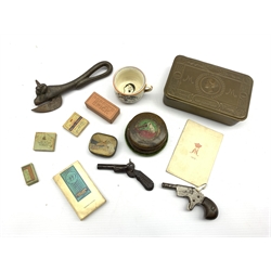 WWI Princess Mary gift tin with original card, three packets of miniature cigarettes, miniature Fieldings chamber pot with a caricature of Hitler and other items