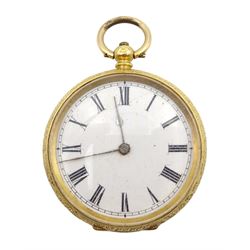 Continental gold open face ladies key wound fob watch, white enamel dial with Roman numerals, engine turned and engraved back case with cartouche