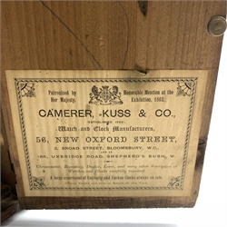  19th century walnut cased mantel clock time piece, Roman dial signed 'Camerer Cuss & Co. 56, New Oxford St. London', single train movement, with label inside door, H24cm  