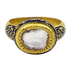 Late 19th/early 20th century gold Indian table cut diamond ring, with blue enamel decoration to the shank, bezel and under bezel