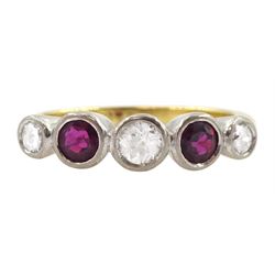 18ct gold five stone round brilliant cut diamond and ruby ring, stamped