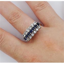 18ct gold three row sapphire and round brilliant cut diamond ring, total diamond weight approx 0.65 carat