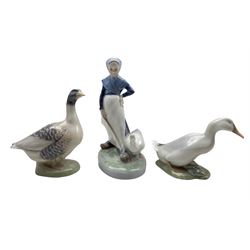 Royal Copenhagen figure of a goose girl H18cm No.067, another of a goose 1088 and another of a duck 1192 (3)