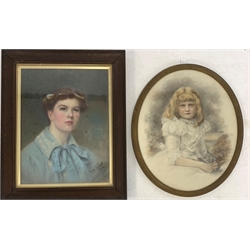 Oval watercolour portrait of Helen Garstin, 46cm x 38cm and May Ward head and shoulders pastel portrait, signed and dated 1904, 41cm x 32cm