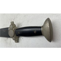 Third Reich German Red Cross Hewer with 27cm single edge square tipped blade marked 'Ges Geschutz' with rear sawback edge, nickel plated crossguard containing an oval with eagle, swastika and Geneva cross, black chequered grip and black painted scabbard