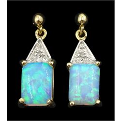 Pair of 9ct gold opal and diamond pendant stud earrings, stamped 375