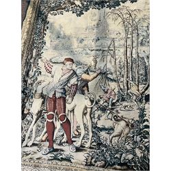 Continental machine made tapestry panel, of a hunting scene within a floral border 