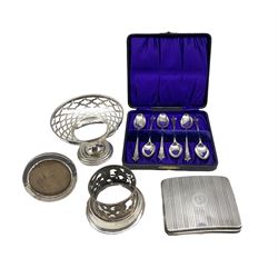 Small silver tazza with pierced border on pedestal foot H9cm Birmingham 1908, engine turned silver cigarette case, set of six silver tea spoons, silver cup holder and a small circular photograph frame 9.8oz weighable silver