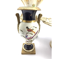 Pair of Continental vases decorated with flowers and gilt H36cm, early 19th century Derby vase decorated with exotic birds H21cm, Victorian comport and a Continental bowl in metal frame 