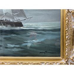 English School (20th Century): Clipper at Full Sail, oil on canvas indistinctly signed, housed in large ornate frame aperture 59cm x 90cm overall 86cm x 106cm