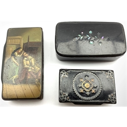 19th Century papier mache snuff box painted with a 17th Century interior scene L8cm and two other papier mache snuff boxes