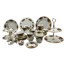 Royal Albert Old Country Roses pattern tea set comprising six cups, seven saucers, six plates, teapot, milk jug, sugar bowl, bread and butter plate,  two 2 tier cake stands (boxed) and various other items (32)