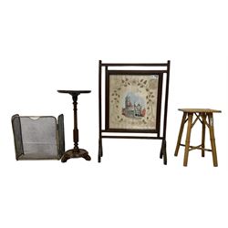Edwardian mahogany wine table turned and reeded pedestal on circular platform base (W30cm H64cm); Edwardian bamboo plant stand; Early 20th century firescreen with Ypres needlework panel (W61cm H90cm); metal folding spark screen (4)