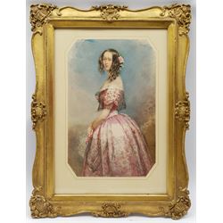François Théodore Rochard (French 1798-1858): Lady in a Pink Dress Holding a Handkerchief, octagonal watercolour signed and dated 3.49, 40cm x 26cm