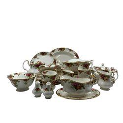 Quantity of Royal Albert 'Old Country Roses' pattern part dinner and tea service to include eight dinner plates, six cake plates, six side plates, six tea cups and saucers, six dessert bowls, vegetable dish and cover, gravy boat and stand, salt, pepper etc. (53)