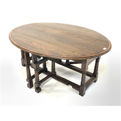  18th century style drop leaf occasional table, the oval top with mahogany cross banding over drawer to each end and double gate leg action, turned and block supports, 120cm x 90cm, H50cm  