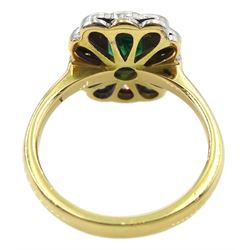 18ct gold emerald and round brilliant cut diamond cluster ring, stamped 750 with Birmingham assay mark, total diamond weight approx 0.40 carat, emerald approx 0.80 carat