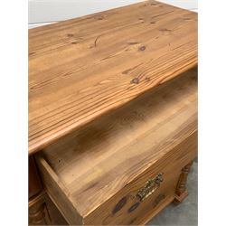 Victorian style pine chest, fitted with five drawers enclosed by half round turned pilasters, raised on bun supports W98cm