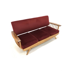 Mid 20th century retro elm and beech three seat sofa, with red velvet upholstered back and loose cushions, raised on splayed supports - Design influenced by George Nakashima, W180cm, H83cm, D77cm