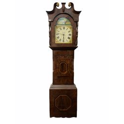 Late Victorian mahogany veneered longcase clock with a swan’s neck pediment and gilt paterae, break-arched hood door flanked by two turned columns with brass capitals, trunk with canted corners, short triple spire shaped door inlaid with contrasting octagonal veneer, plinth with shaped bracket feet and conforming inlay, 30-hour chain driven countwheel movement striking the hours on a bell (missing), 
13-inch painted dial pinned directly to the movement, stamped matching brass hands and date hand, dial with re-painted roman numerals and art work to the arch and spandrels. Dial inscribed “Dickinson Skipton”.
