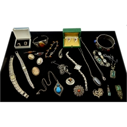 Collection of silver stone set jewellery including marcasite brooches, amber bangle, bracelet and brooch, pendant necklaces, Scottish brooch, pair of Danish clip earrings and three wristwatches, hallmarked or tested and other stone set vintage costume jewellery