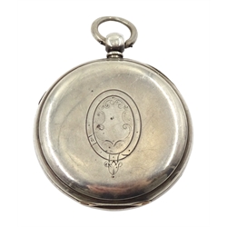 Victorian silver centre seconds key wound chronograph pocket watch by H Samuel, Manchester, No. 110423, white enamel dial with Roman numerals, outer seconds track numbered 25-300, case by Isaac Jabez Theo Newsome, Chester 1890 