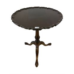 Gott's of Pickering - Georgian design tripod table, moulded pie-crust top on birdcage action tilt-top, turned and fluted column carved with foliage, acanthus carved splayed supports with ball and claw feet 