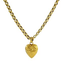 Edwardian 15ct gold heart pendant, with engraved floral decoration, Chester 1903, on 10ct gold link necklace