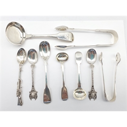 George III silver fiddle pattern toddy ladle London 1781, William IV long handled mustard spoon, silver Lee-Metford rifle spoon Chester 1905 and other items (9)