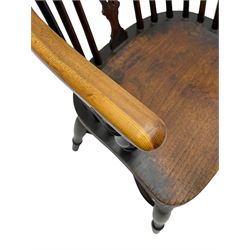 19th century yew wood and elm Windsor chair, double hoop and stick back with pierced splat, dished seat on turned supports joined by crinoline stretcher 